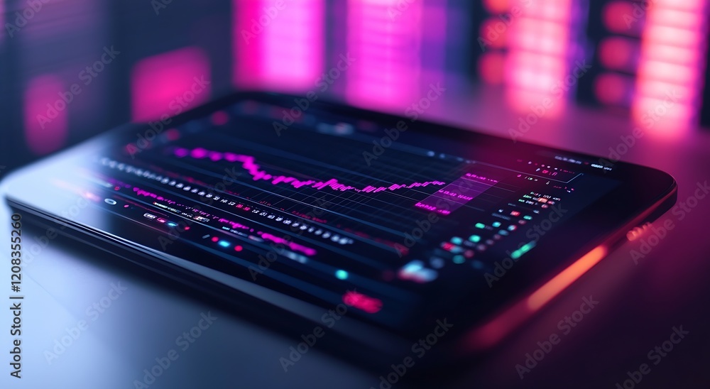 Fototapete Tablet Displaying Digital Financial Data with Interactive Graphs in Neon Lights : Generative AI