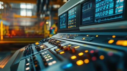 Obraz premium Control panel with illuminated buttons and switches, monitoring an industrial manufacturing process, featuring computer screens displaying vital data and information for efficient operations