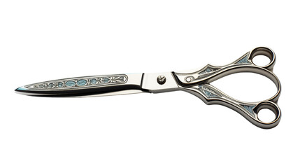 Sharp stainless steel scissors with a sleek modern design, perfect for office or household tasks, studio view, isolated on transparent background.