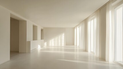 Spacious Minimalist Room with Floor-to-Ceiling Windows and Subtle Lighting : Generative AI
