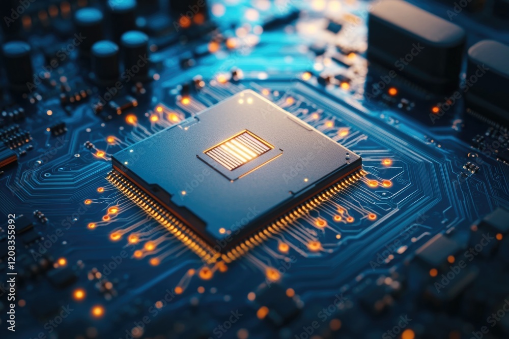 Poster high-quality image of a computer chip on a motherboard, ideal for tech-related projects and presenta
