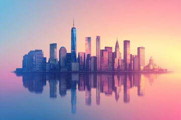 Fototapeta premium Tranquil City Skyline with Sunset Reflections, Modern Architecture, and Pastel Tones Creating a Serene Urban Landscape