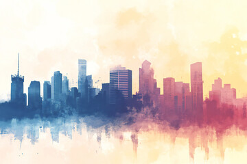 Fototapeta premium Tranquil City Skyline with Sunset Reflections, Modern Architecture, and Pastel Tones Creating a Serene Urban Landscape