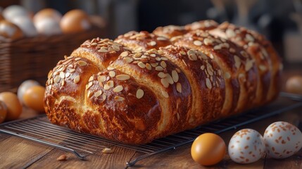 Traditional tsoureki easter loaf with almonds for festive baking and celebration