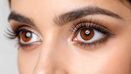 Obraz premium A close-up of warm brown eyes with long natural lashes. The composition emphasizes the intricate details of the iris and the softness of the lashes.