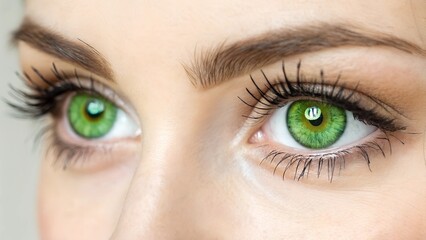 Obraz premium A close-up of vibrant green eyes with long natural lashes. The composition emphasizes the intricate details of the iris and the elegance of the lashes.