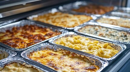 A display case filled with various types of food