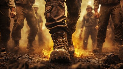 Powerful booted stride: dynamic group of adults marching through dust and sparks