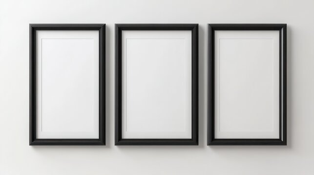 Three empty black wooden frames on white wall for art display or interior design