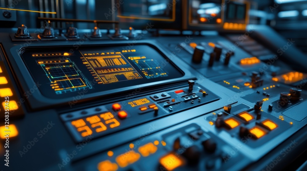 Poster complex data is displayed on a futuristic control panel with glowing orange lights and intricate det