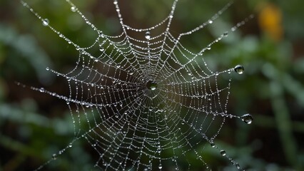 Dewy Spiderweb Amidst Lush Green Foliage
