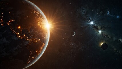 Obraz premium Earth at Sunrise from Space with Celestial Background 