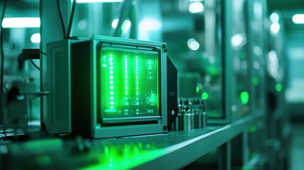 Futuristic industrial control panel with green binary code illuminating a modern factory, showcasing advanced technology and automation in manufacturing processes