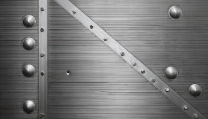 A brushed stainless steel plate with rivets, showcasing a sleek metallic texture and industrial feel, perfect for background or design use.