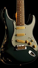 Fototapeta premium A stunning close-up of a classic black electric guitar showcasing its vintage finish, unique design, and shiny hardware, perfect for music enthusiasts and collectors alike.