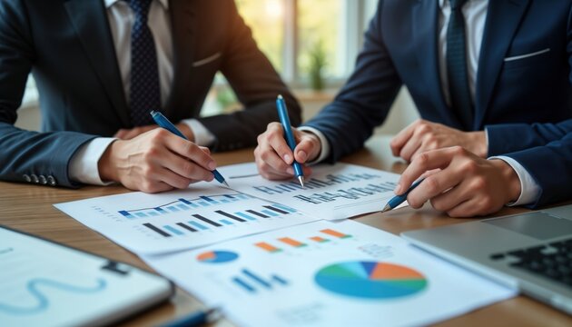 Business partners review financial reports in meeting. Discuss performance charts, graphs. Collaboration, teamwork evident. Decision-making process in progress. Office setting. Review of economic
