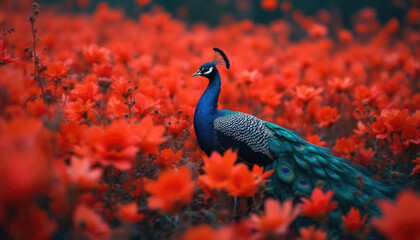 A wild peacock bird standing in a field of red flowers. Peacocks, baby peacock wallpaper