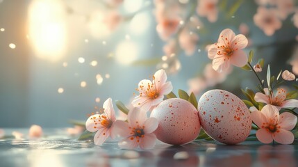 Easter greeting card design featuring easter eggs and blossoming flowers