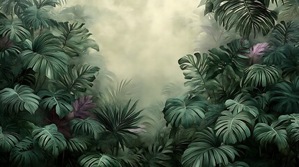 Lush Green Tropical Foliage Creates A Misty Scene