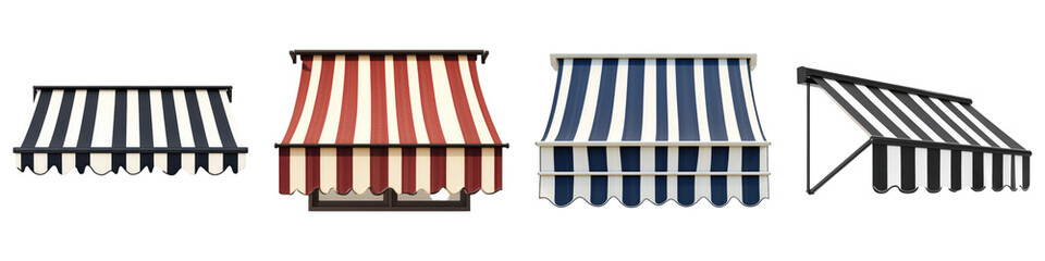 Striped awning isolated on transparent background, PNG die-cut, Set of