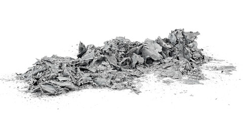 Pile of burnt paper isolated on a white background, cinder. The ashes of the paper. Charred paper...