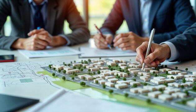 Urban planners meet to discuss city development project. Analyze detailed maps, model. Pro team collaborates on blueprint for new construction. Real estate development strategy under consideration.