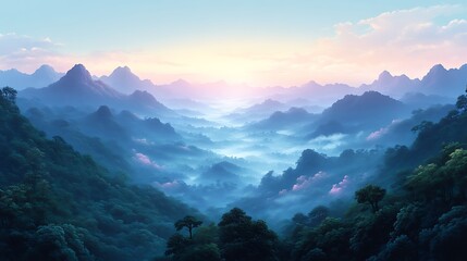 Fototapeta premium Serene Misty Mountains Enveloped in Lush Green Forests