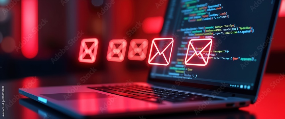 Poster laptop screen shows code and red email icons. phishing attacks and data breaches are presented. dark