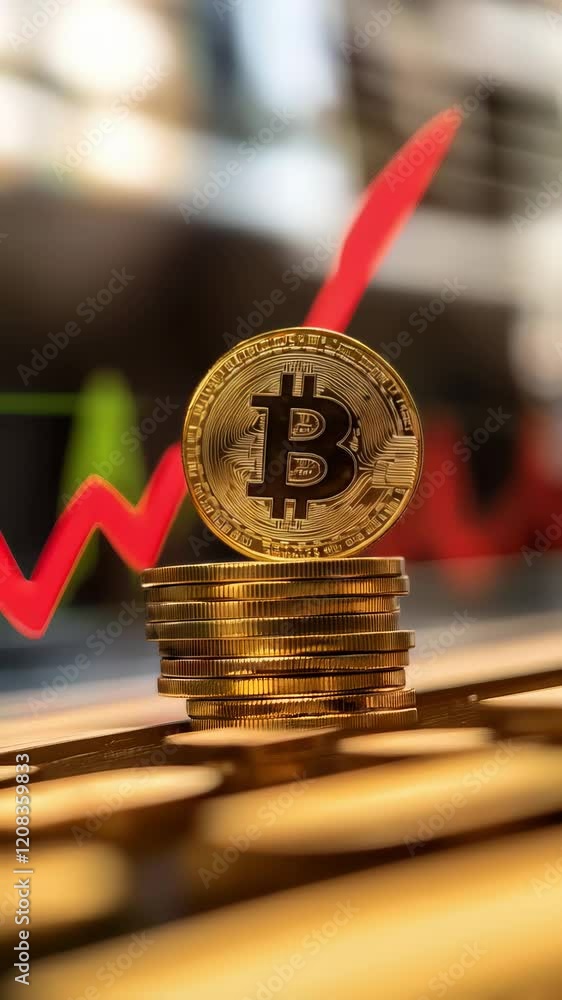 Poster Gold bitcoin coin resting atop a stack of coins, illustrating increasing value, with a red arrow pointing upward against a stock market chart in the background