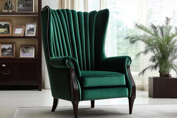 Elegant Chair with a high vertical back, upholstered in dark emerald velvet