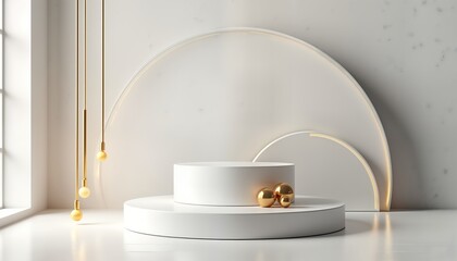 Luxury minimalist white cylinder podium on white concrete wall background. Empty stage platform for product presentation. Modern design. Geometric shapes. Gold accents. Studio interior design. Blank