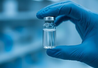 Blue Gloved Hand Holding Glass Vial with Clear Liquid in Futuristic Laboratory Setting