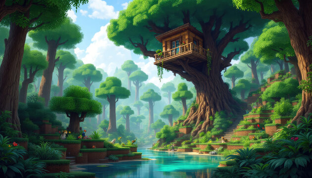 A digital illustration featuring a treehouse on a tree with a river flowing through the forest. Pixel art background, pixel art wallpaper