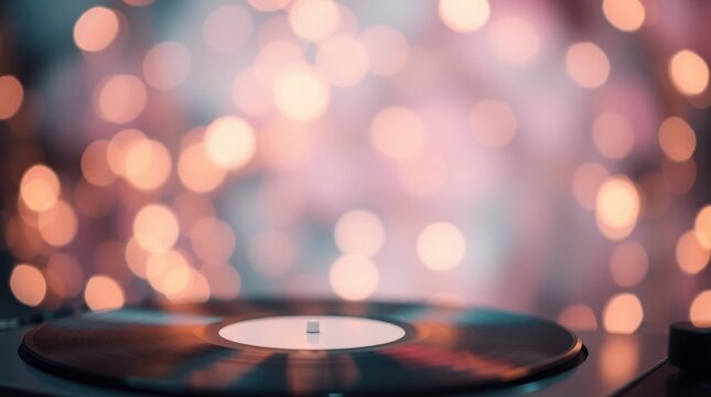 Vinyl Record on Turntable with Festive Bokeh Lights