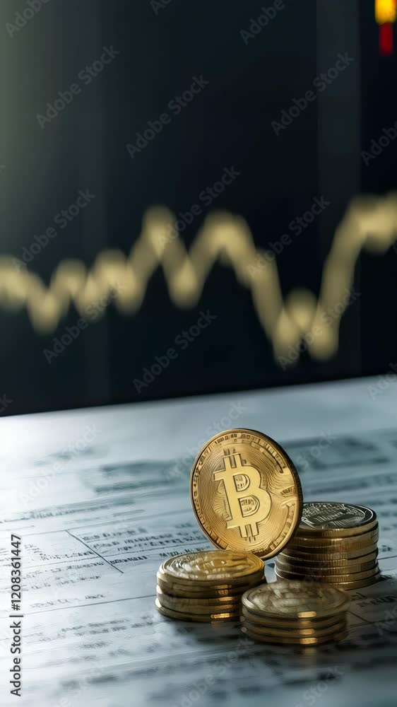 Poster bitcoin cryptocurrency coin standing on financial documents with stock market chart showing in the b