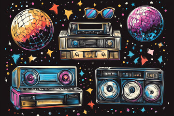 Retro set of icons of 90s. Pop art sticker collection for 1990 born baby. Badge for hipsters with disco ball and sunglasses, boombox and roller, cassette. Vintage isolated element. Old cartoon design