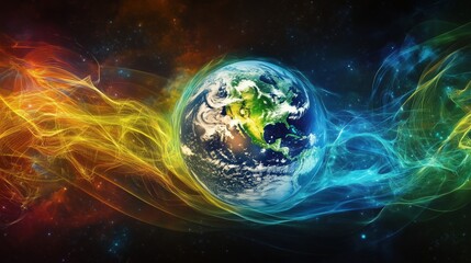 A glowing digital Earth is surrounded by dynamic data streams, representing global connectivity and the flow of information across the planet.
