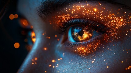 A detailed image of an eye with a glowing iris and complex digital patterns and circuits, reflecting an advanced technological and innovative feel