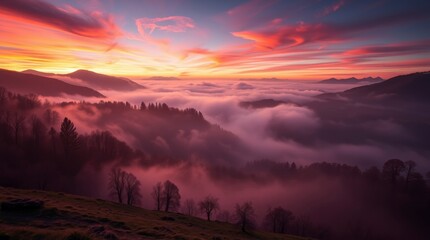Obraz premium Stunning Sunset Landscape Photography Misty Mountains and Vibrant Sky