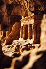 A small stone structure sits in the center of a dark cave