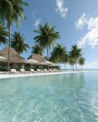 Fototapeta premium Tropical paradise retreat serene beach resort nature lush environment wide angle vibrant mood