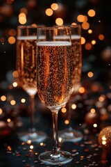 Two glasses of champagne on a table with lights in the background