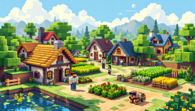 A pixel art illustration of a village scene, featuring a variety of colorful houses, a pond, and people interacting in the area. Pixel art background, pixel art wallpaper