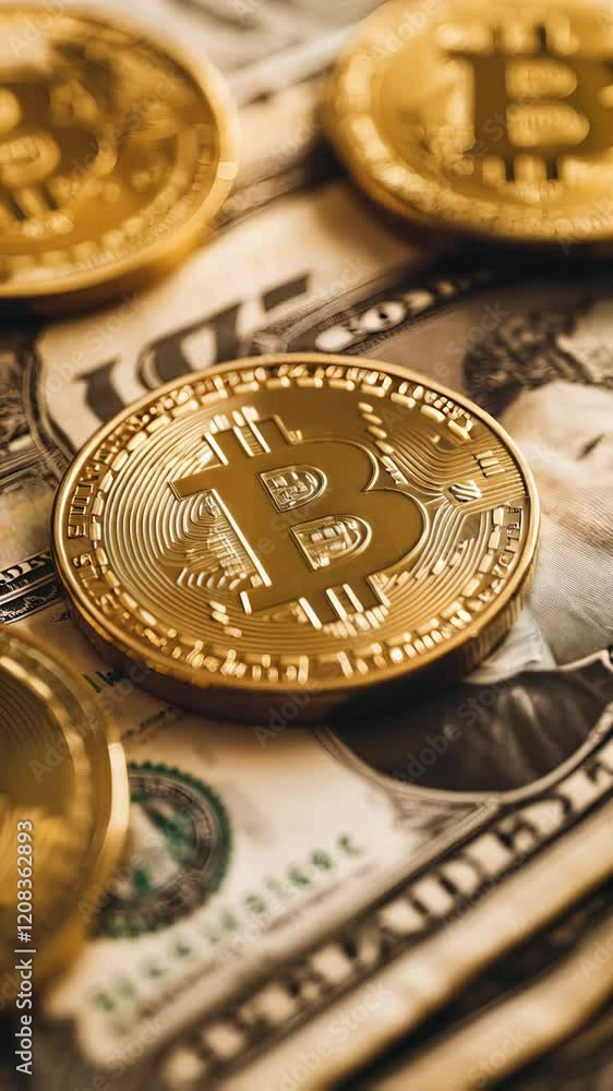 Poster several shiny gold bitcoin coins lie on top of a blurred one hundred dollar bill suggesting cryptocu