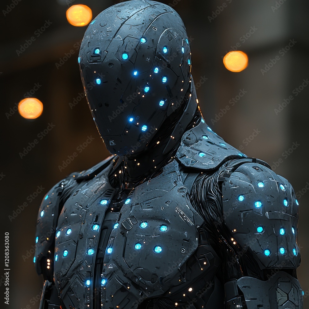 Poster a human operator safely inside a futuristic robotic exoskeleton, highlighted by a robot with a neon-