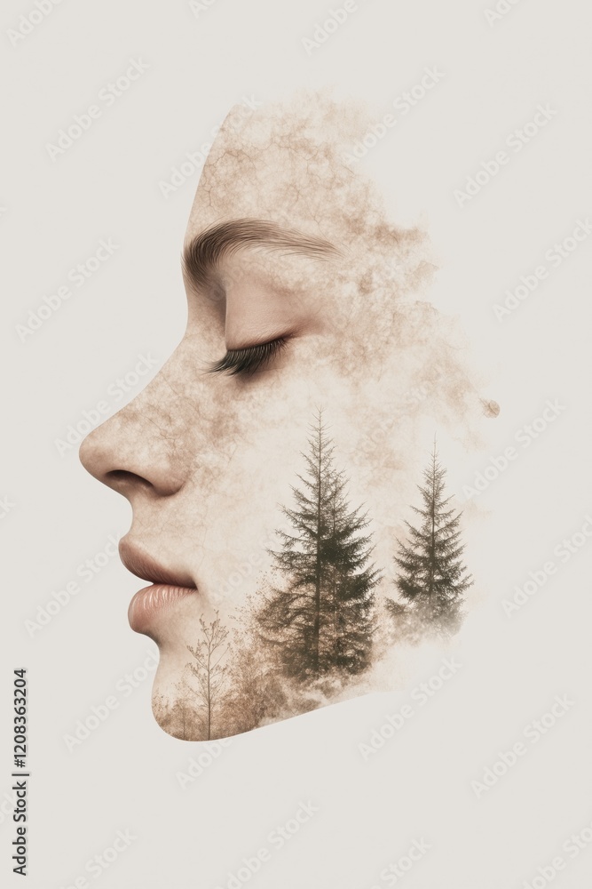 Poster surreal double exposure of side portrait with forest elements and tranquil expression