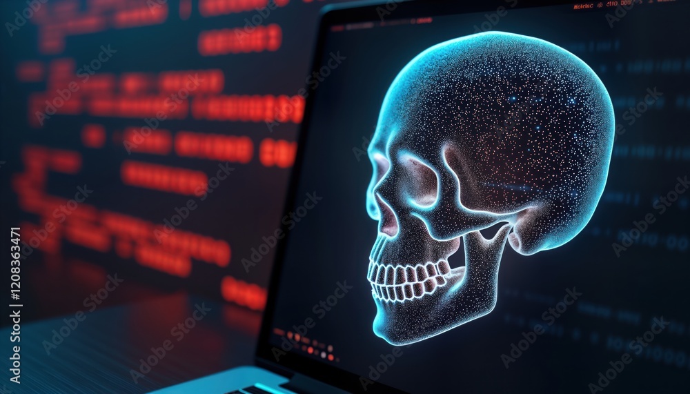 Poster digital skull graphic on computer screen displays cyberattack. virtual skull shows dangerous malware