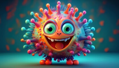 Naklejka premium A colorful, cute cartoon personification of a virus with a friendly face, showcasing the COVID-19 spike glycoprotein, turning a pathogen into a playful character.