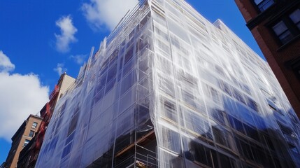 The building stands cloaked in translucent plastic sheeting, shielding it from the elements as construction work progresses inside.

