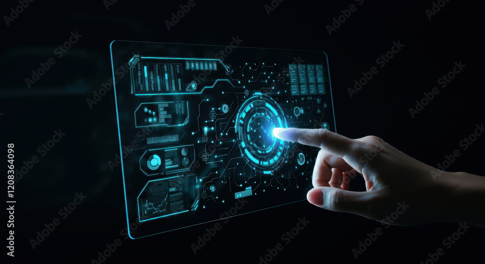 Poster a futuristic technology interface set against a dark background featuring a glowing network of blue 